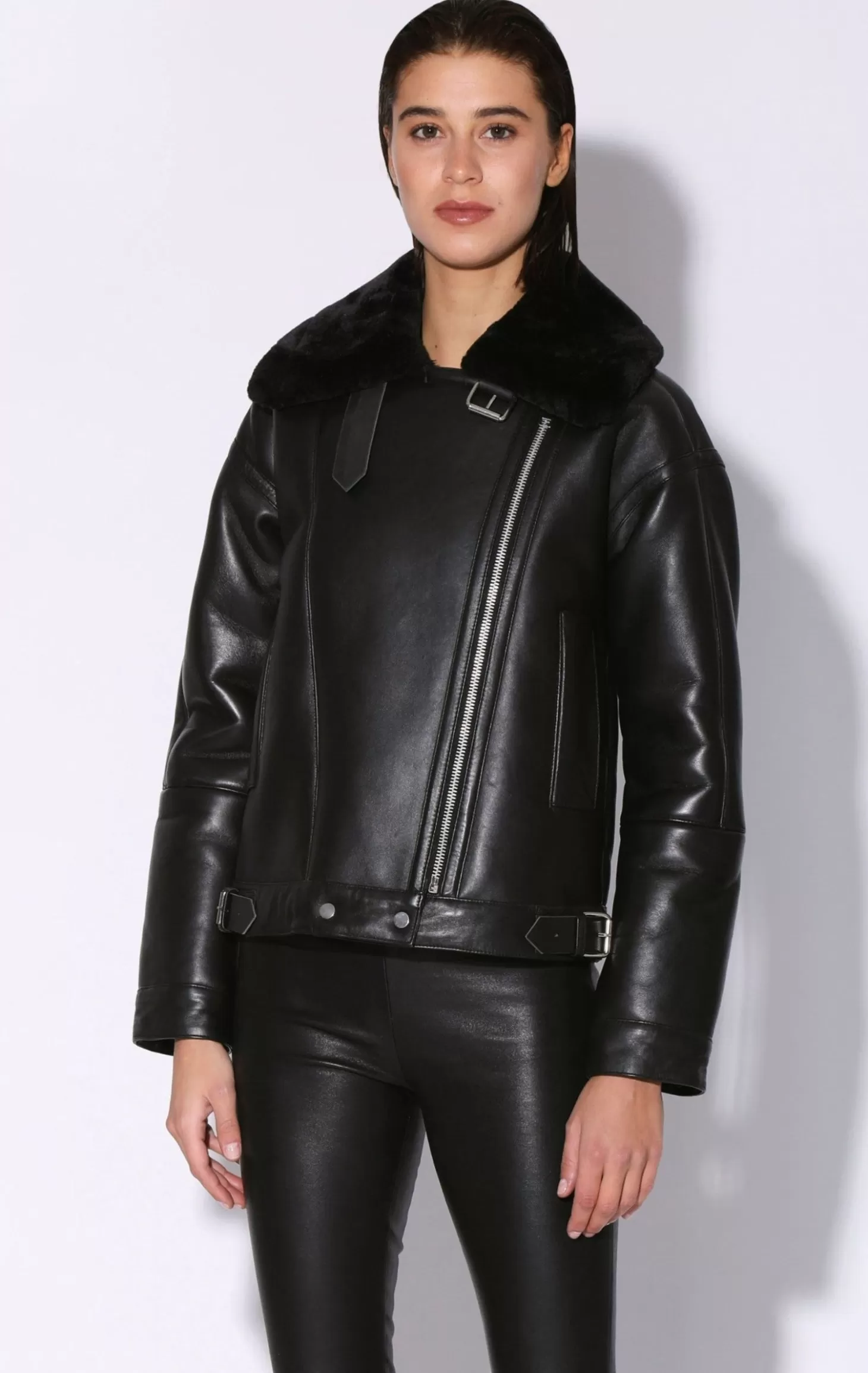 Mariah Jacket, Black Leather Black Fur-Leather Shearling>Walter Baker New