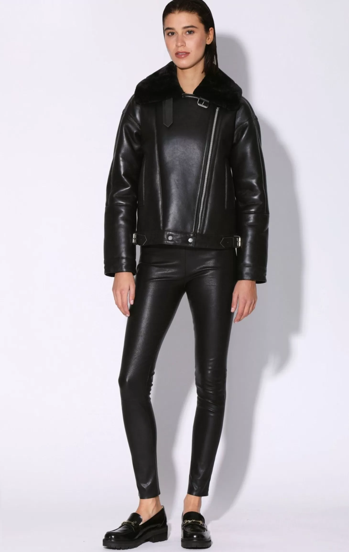 Mariah Jacket, Black Leather Black Fur-Leather Shearling>Walter Baker New