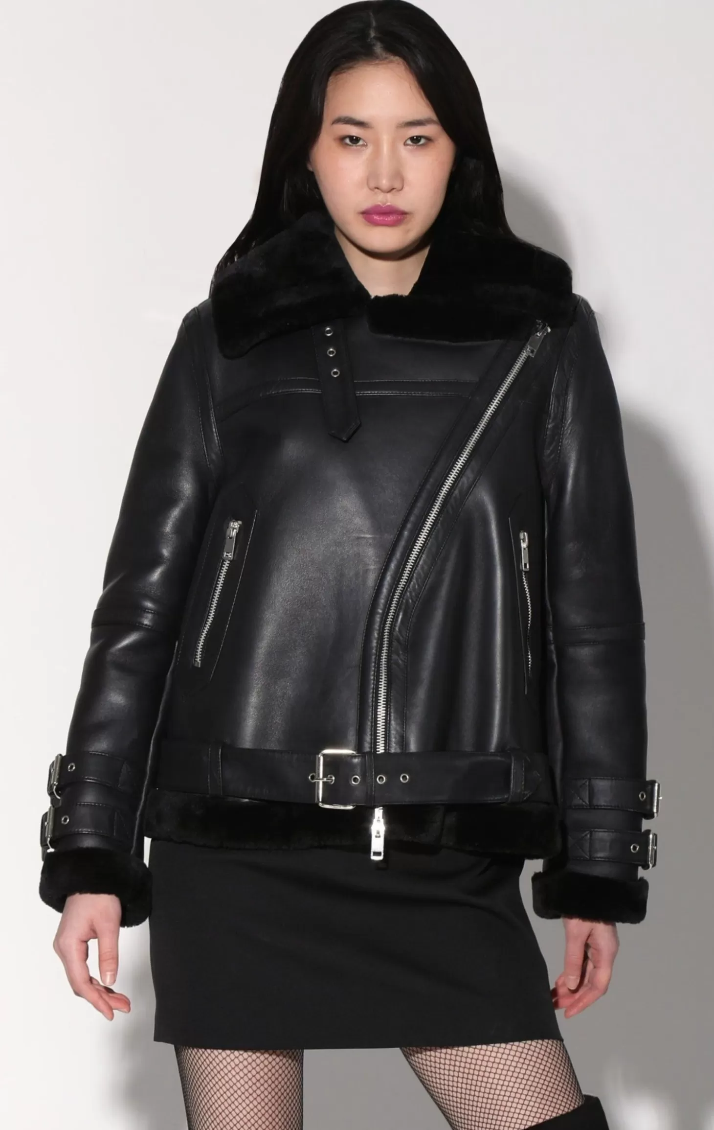 Whitney Jacket, Black Leather/ Black Fur-Leather>Walter Baker Discount